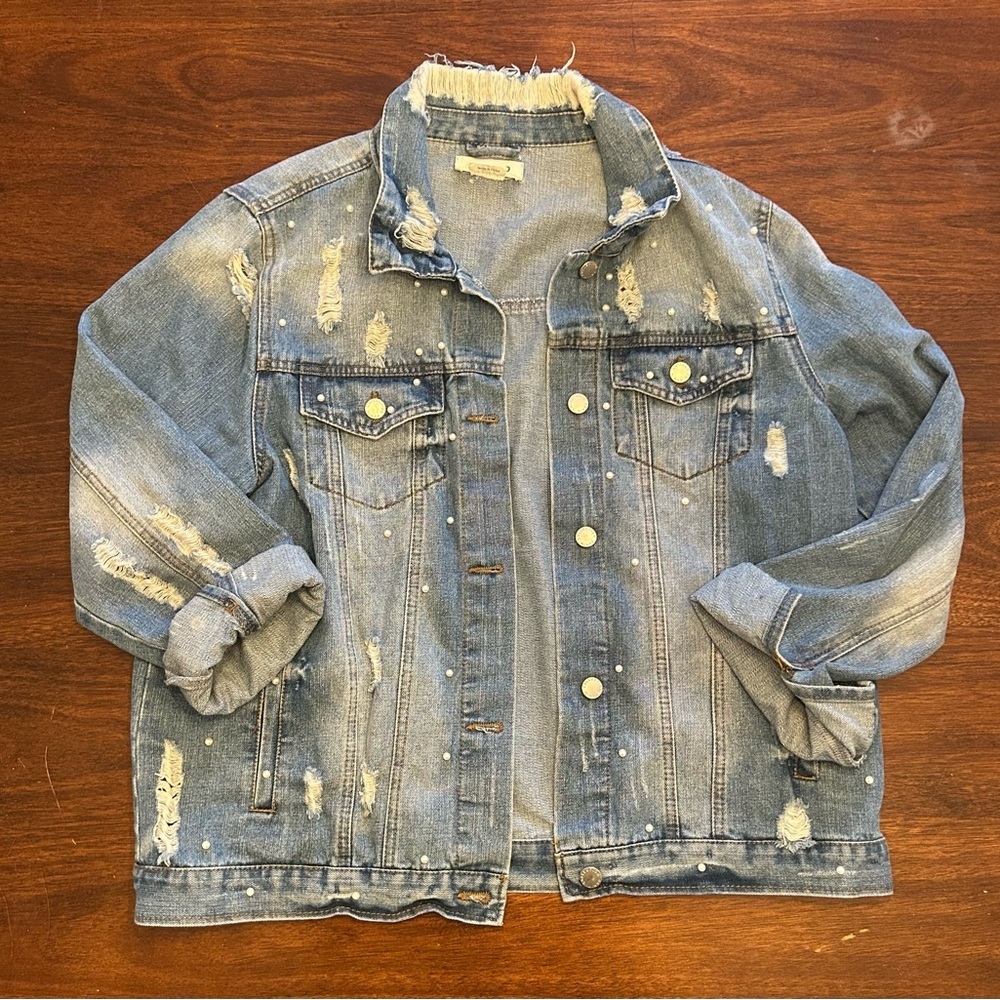 Distressed Light Wash Denim Jacket with Pearl Accents